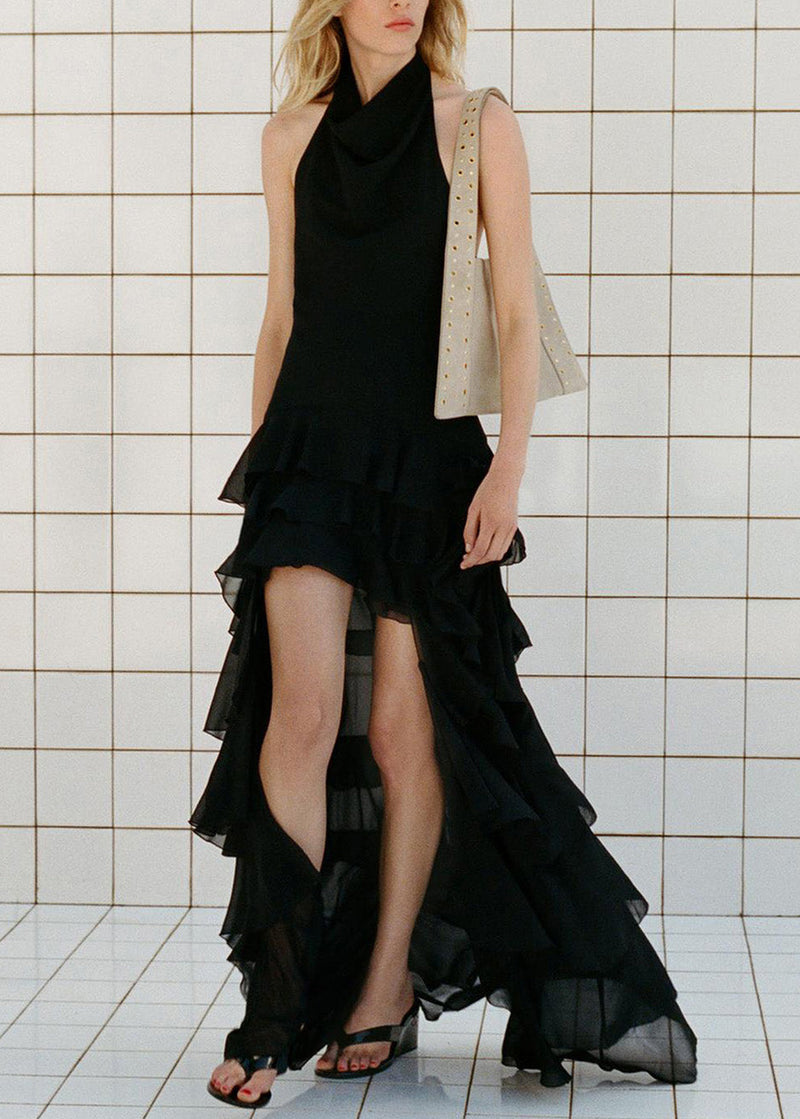 Black Ruffled Low High Design Chiffon Dresses Sleeveless