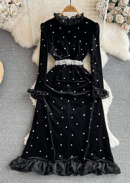 Black Ruffled Stand Collar Patchwork Zircon Flattering Silk Velvet Long Dresses Winter