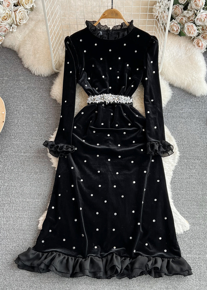 Black Ruffled Stand Collar Patchwork Zircon Flattering Silk Velvet Long Dresses Winter