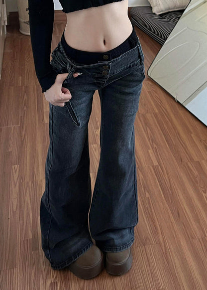 Black Silm Fit Denim Flare Bottoms Pants Trousers Spring