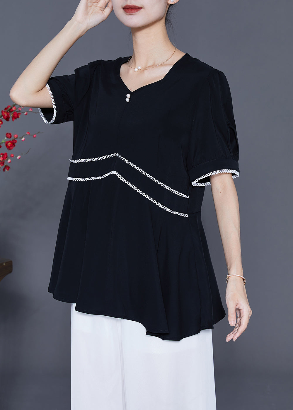 Black Slim Fit Patchwork Exra Large Hem Chiffon Blouse Tops Summer