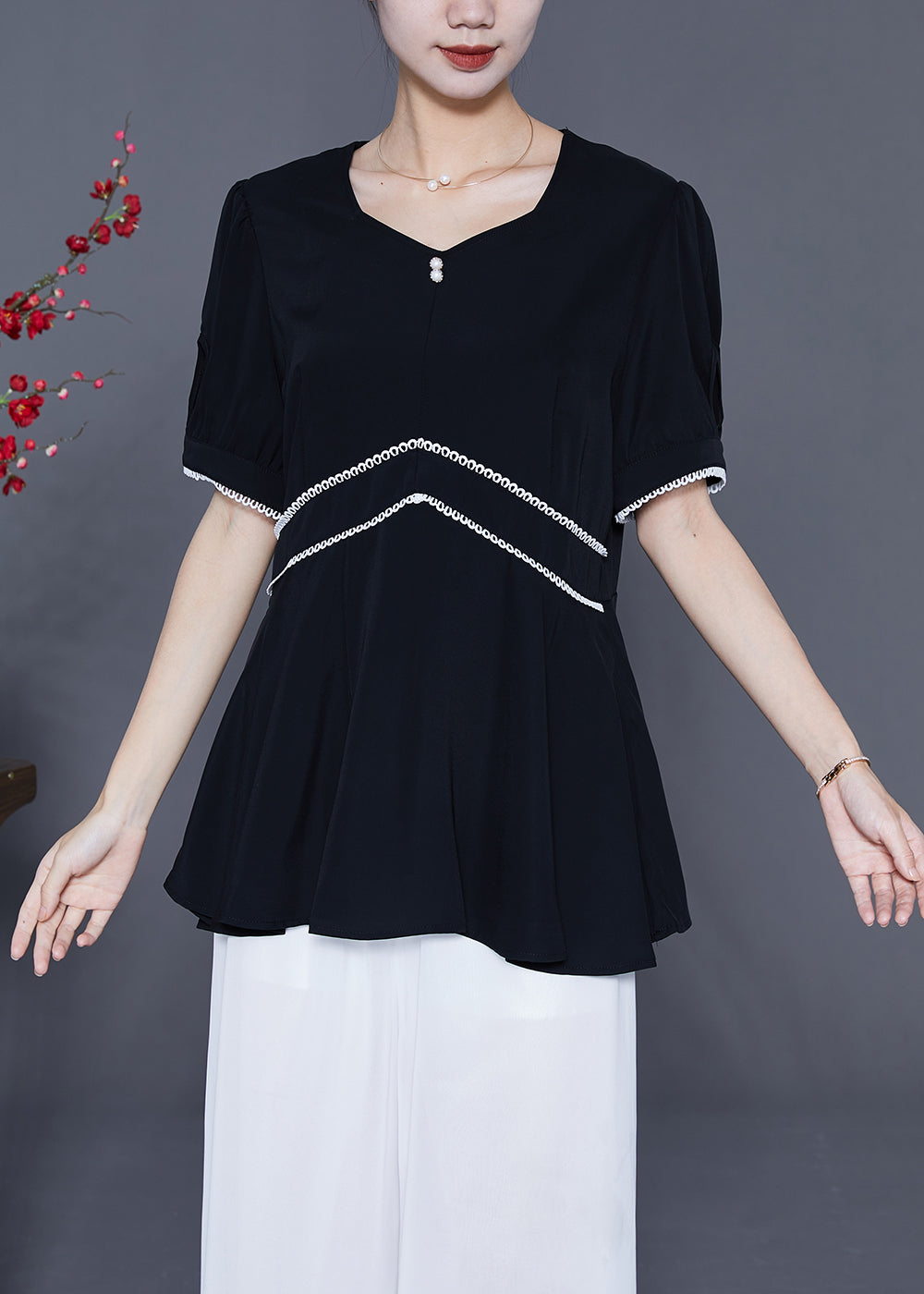 Black Slim Fit Patchwork Exra Large Hem Chiffon Blouse Tops Summer