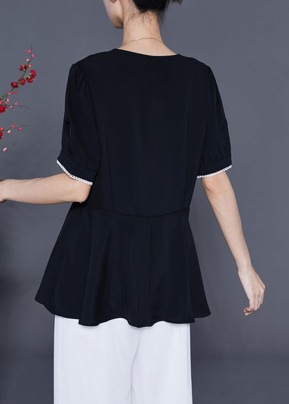 Black Slim Fit Patchwork Exra Large Hem Chiffon Blouse Tops Summer