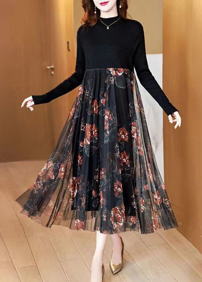 Black Stand Collar Patchwork Tulle Knit Long Dress Spring