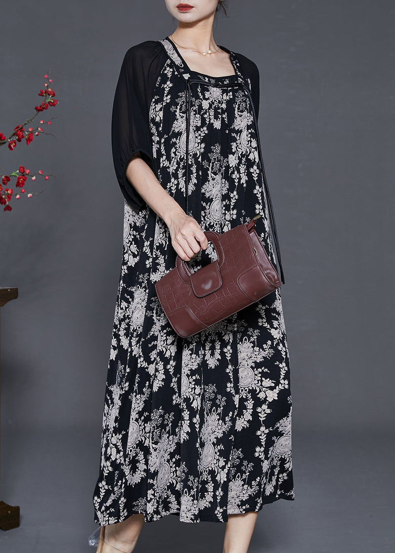 Black Tasseled Print Chiffon Holiday Dress Summer