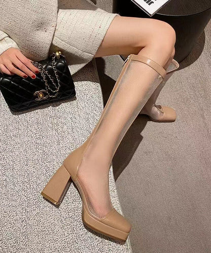 Black Tulle Splicing Zippered Chunky Heel High Boots