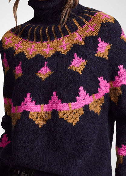 Black Turtle Neck Print Wool Knit Sweater Tops Winter