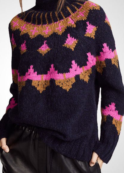 Black Turtle Neck Print Wool Knit Sweater Tops Winter