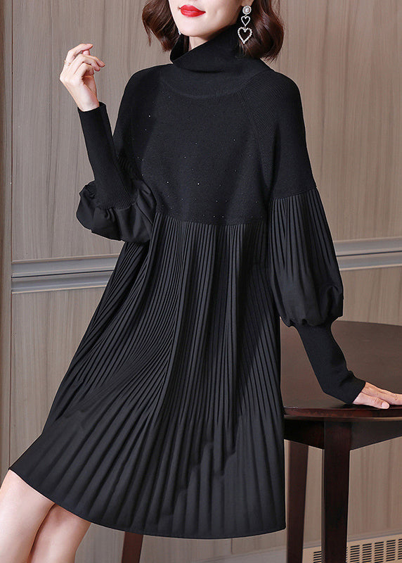 Black Turtleneck Patchwork Wrinkled Knit Dress Lantern Sleeve
