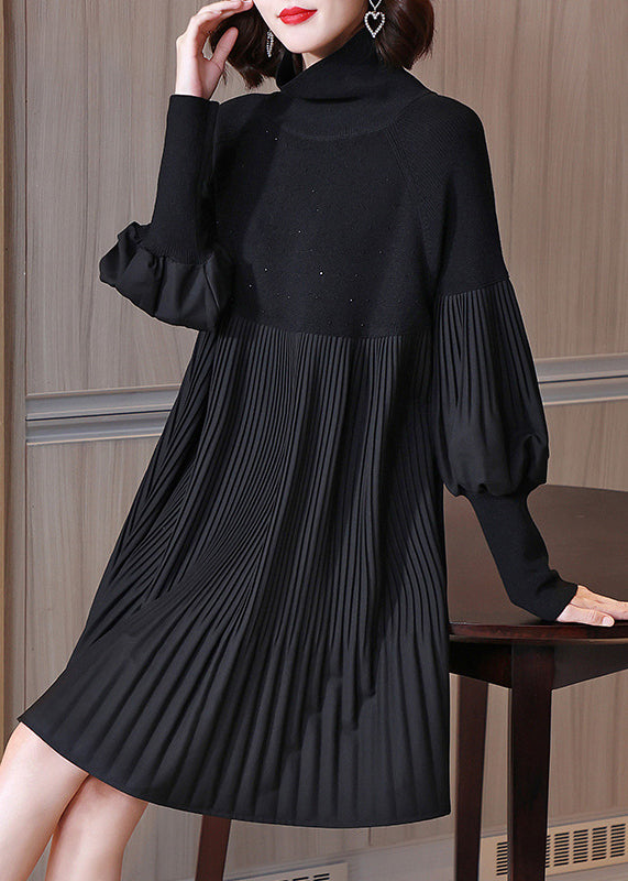 Black Turtleneck Patchwork Wrinkled Knit Dress Lantern Sleeve