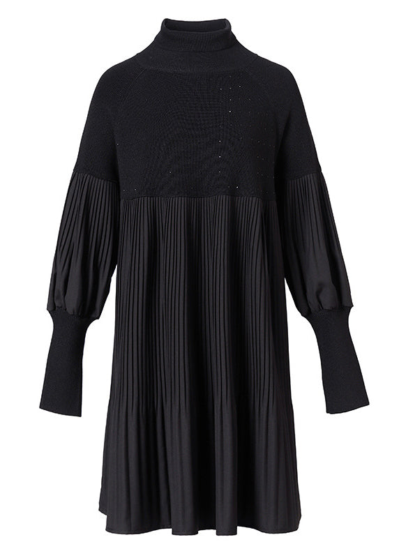 Black Turtleneck Patchwork Wrinkled Knit Dress Lantern Sleeve