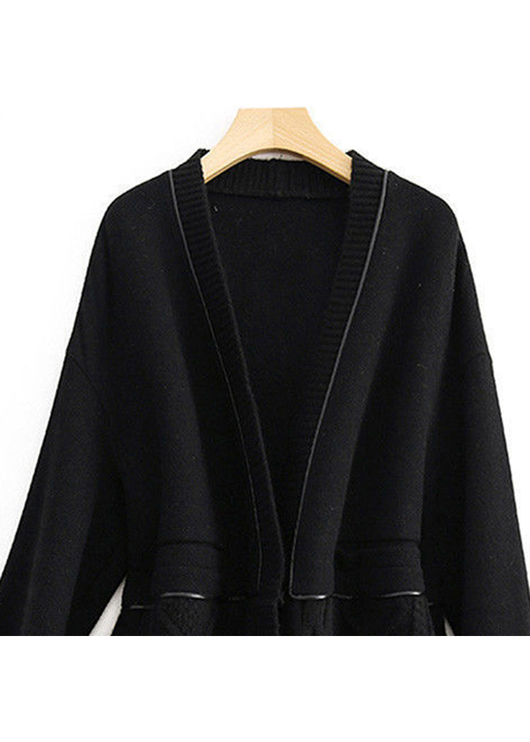 Black V Neck Button Knit Patchwork Woolen Coats Long Sleeve