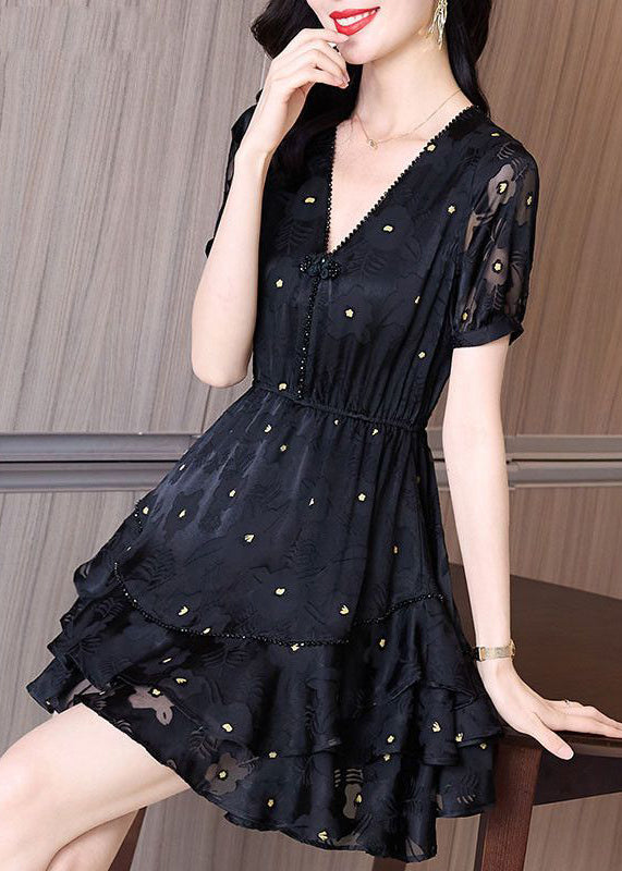 Black V Neck Cinched Patchwork Tulle Mid Dress Summer