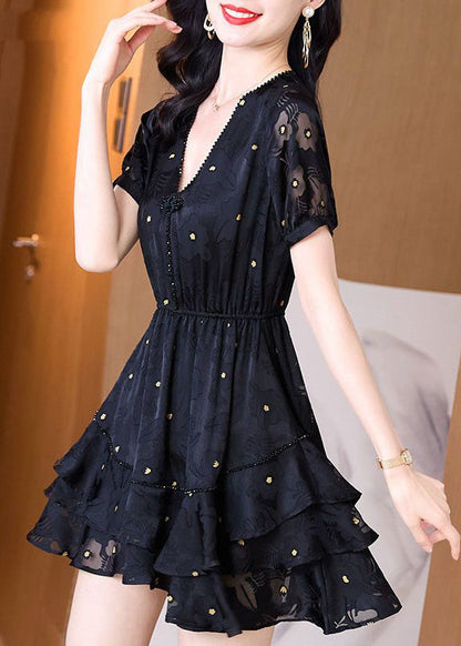 Black V Neck Cinched Patchwork Tulle Mid Dress Summer