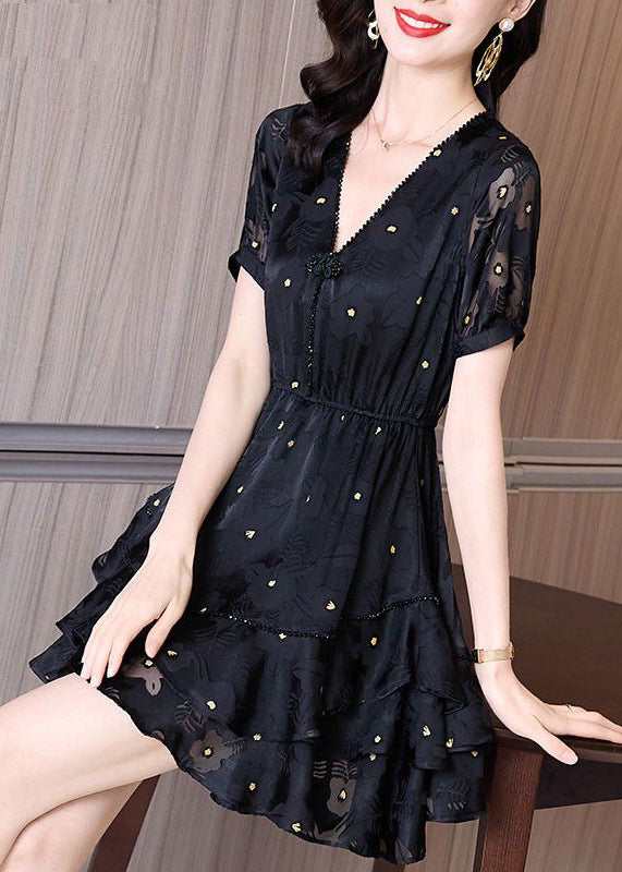 Black V Neck Cinched Patchwork Tulle Mid Dress Summer
