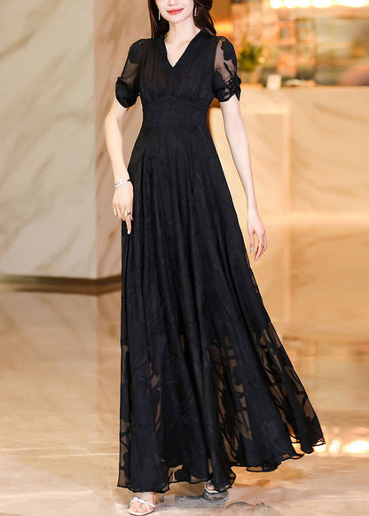 Black V Neck High Waist Tulle Patchwork Chiffon Long Dress Summer
