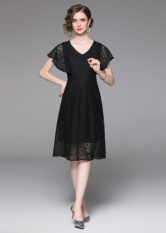 Black V Neck Hollow Out Patchwork Lace Mid Dress Butterfly Sleeve