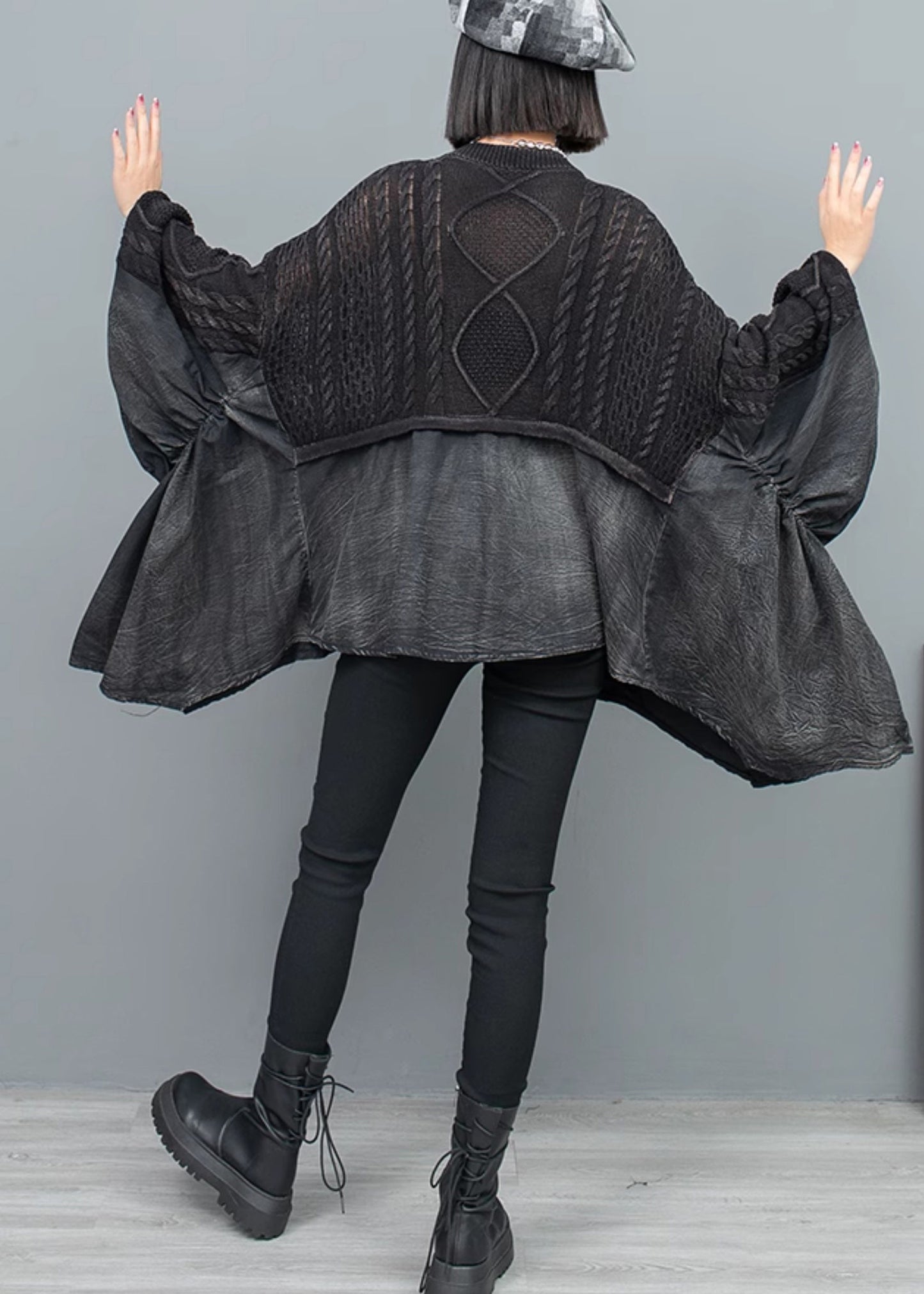 Black V Neck Patchwork Knit Sweater Batwing Sleeve