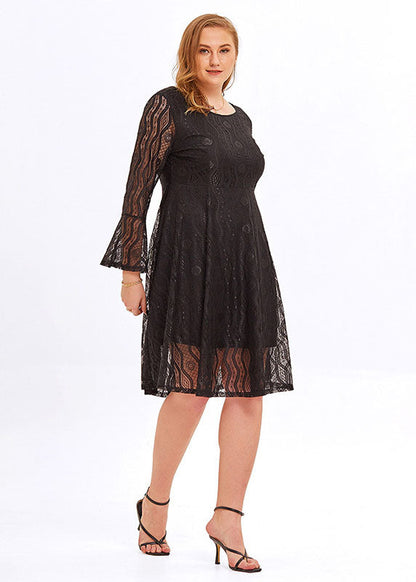 Black V Neck Patchwork Lace a Line Mid Dresses Flare Sleeve
