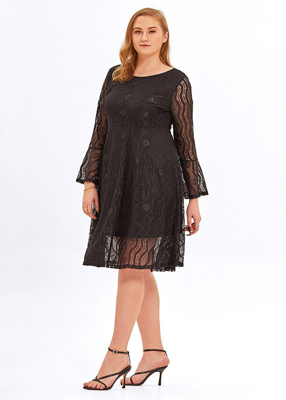 Black V Neck Patchwork Lace a Line Mid Dresses Flare Sleeve