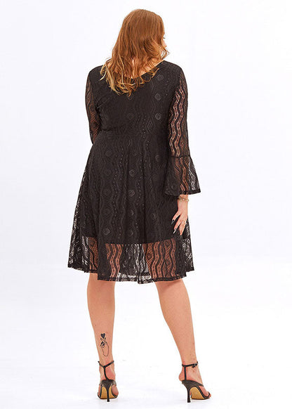 Black V Neck Patchwork Lace a Line Mid Dresses Flare Sleeve