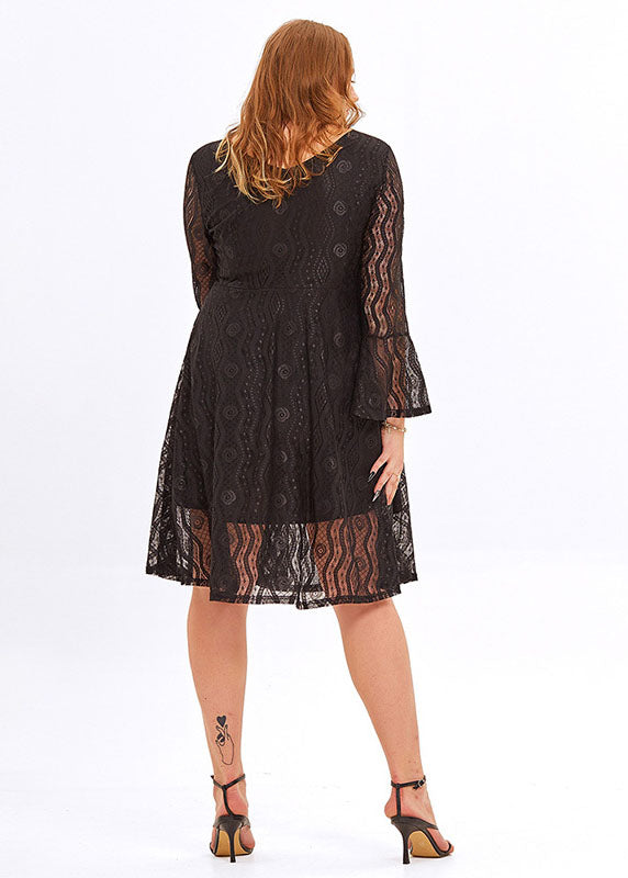 Black V Neck Patchwork Lace a Line Mid Dresses Flare Sleeve