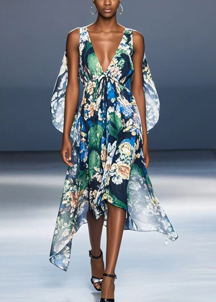 Black V Neck Print Chiffon Vacation Dresses Summer