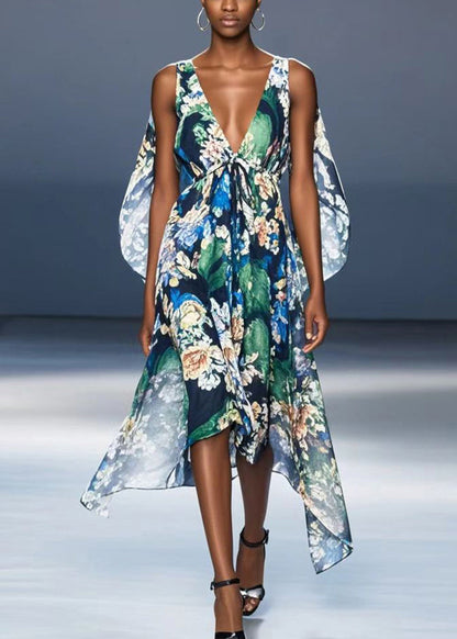 Black V Neck Print Chiffon Vacation Dresses Summer