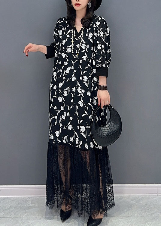 Black V Neck Print Lace Patchwork Cotton Dress Summer