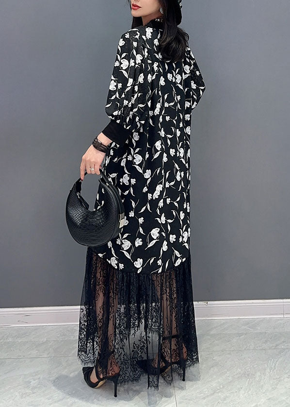 Black V Neck Print Lace Patchwork Cotton Dress Summer
