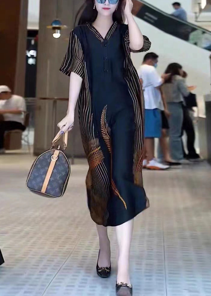 Black V Neck Print Patchwork Silk Long Dresses Summer