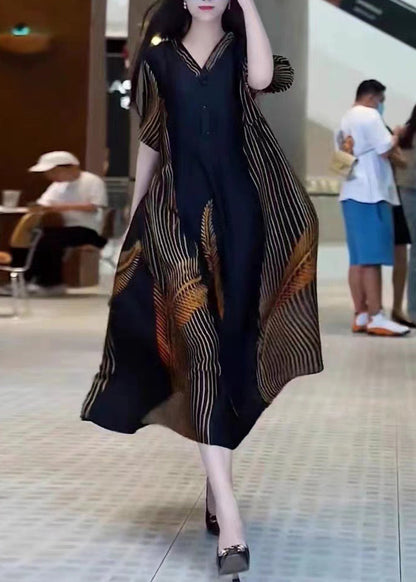 Black V Neck Print Patchwork Silk Long Dresses Summer