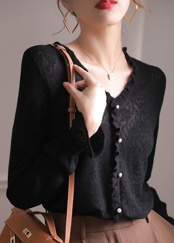 Black V Neck Ruffled Hollow Out Lace Knit Top Flare Sleeve