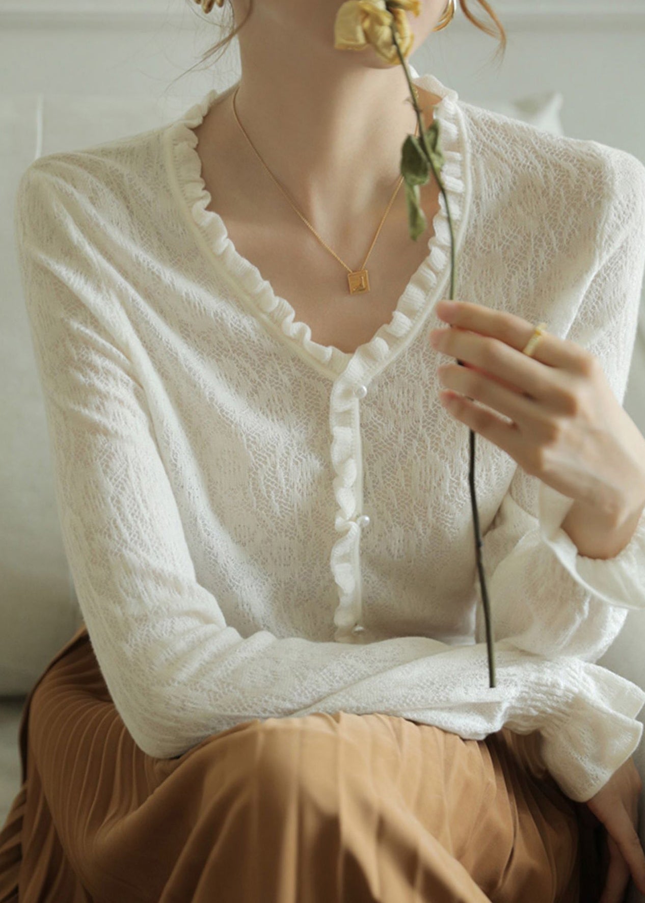 Black V Neck Ruffled Hollow Out Lace Knit Top Flare Sleeve