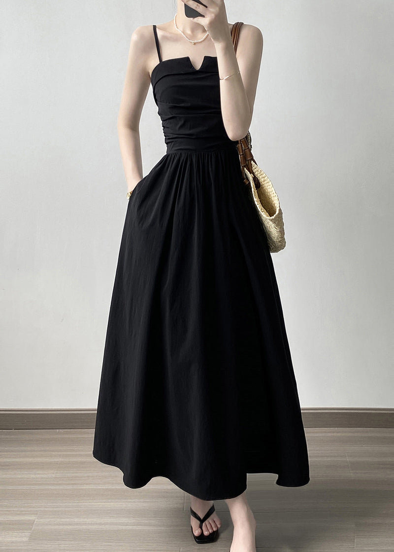 Black Wrinkled Patchwork Cotton Spaghetti Strap Dress Sleeveless