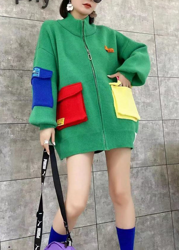 Black Zip Up Pockets Patchwork Knit Cardigans Spring