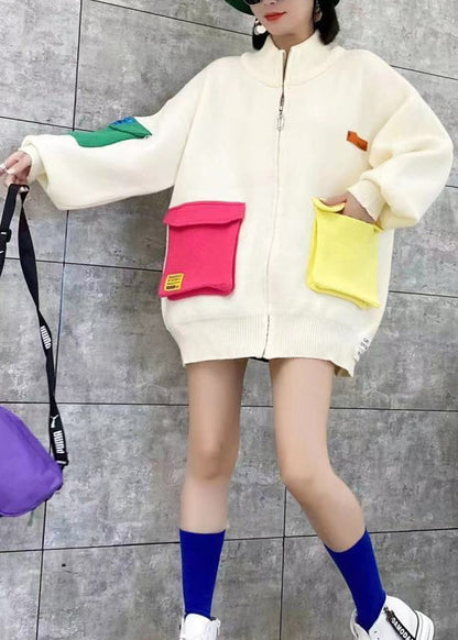 Black Zip Up Pockets Patchwork Knit Cardigans Spring