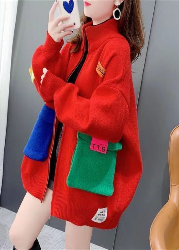 Black Zip Up Pockets Patchwork Knit Cardigans Spring