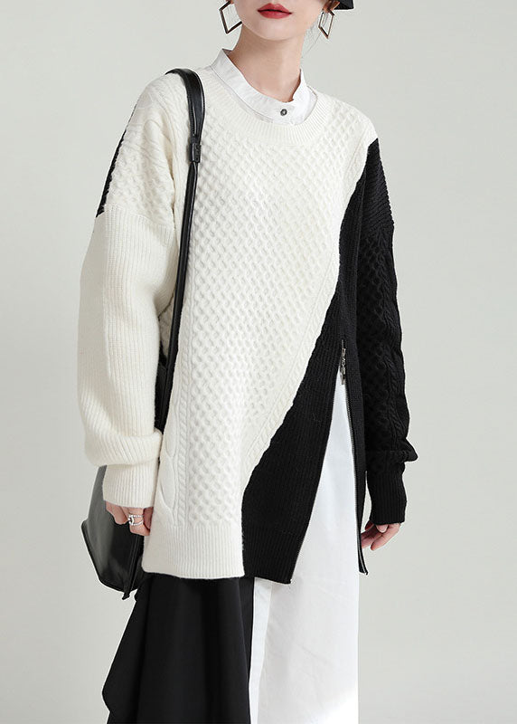 Black Zip Up Thick Patchwork Knit Pullover Sweater Winter