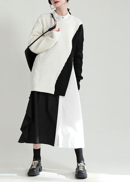 Black Zip Up Thick Patchwork Knit Pullover Sweater Winter