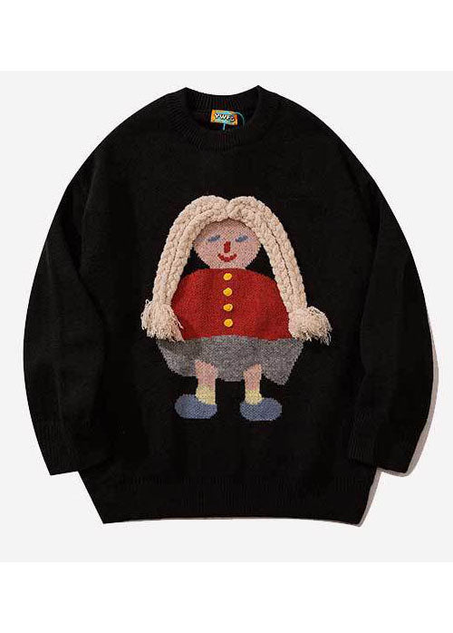 Black Retro Embroideried Fall Knit Sweaters