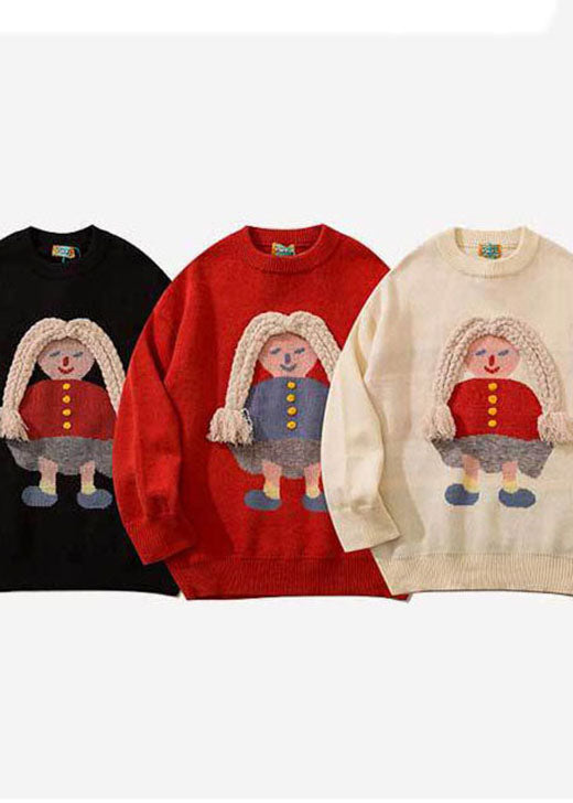 Black Retro Embroideried Fall Knit Sweaters