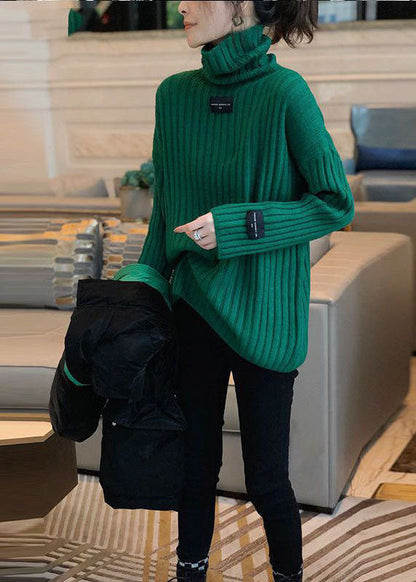 Blackish Green Turtle Neck Applique Thick Knit Pullover Winter