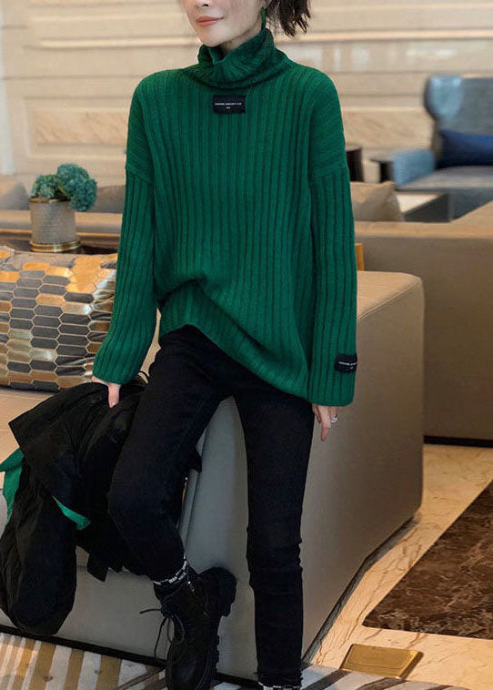 Blackish Green Turtle Neck Applique Thick Knit Pullover Winter