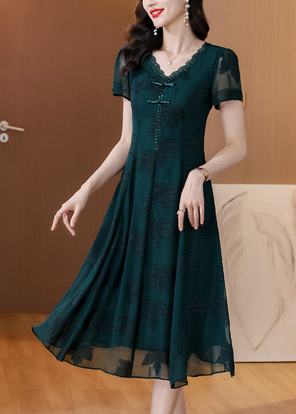 Blackish Green V Neck Embroidered Chiffon Long Dress Summer