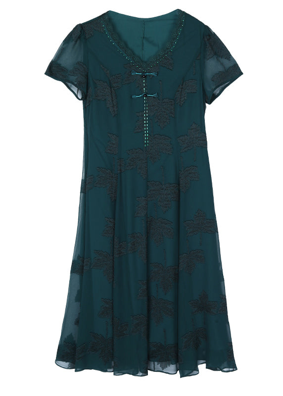 Blackish Green V Neck Embroidered Chiffon Long Dress Summer