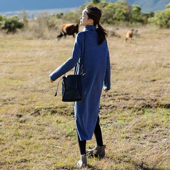Blue and Red High Neck Maxi Sweater Dresses for