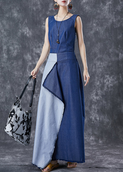 Blue Asymmetrical Patchwork Backless Denim Dress Summer
