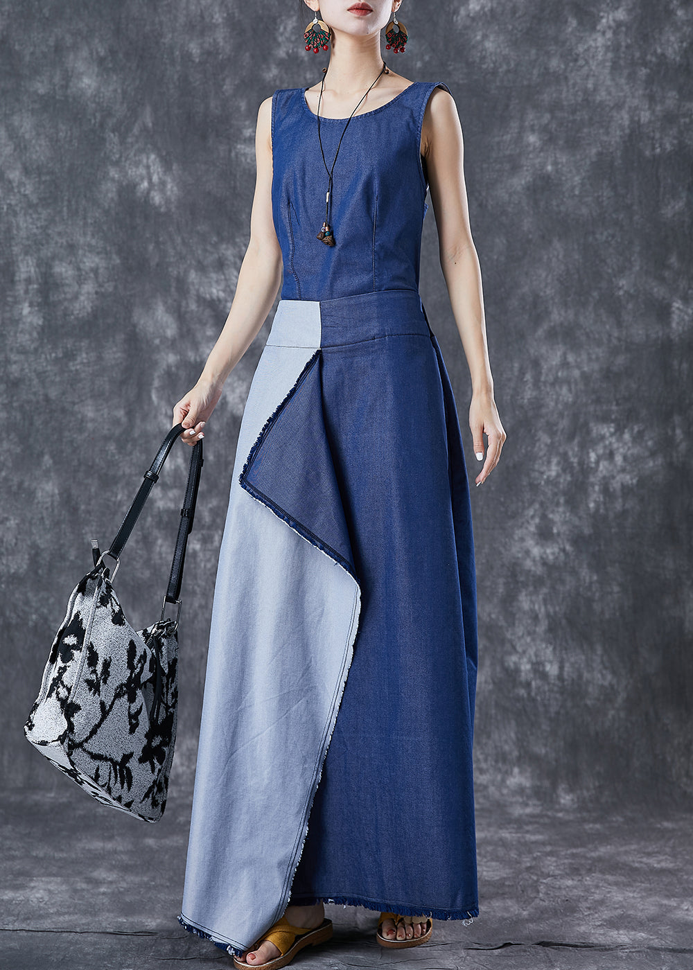 Blue Asymmetrical Patchwork Backless Denim Dress Summer