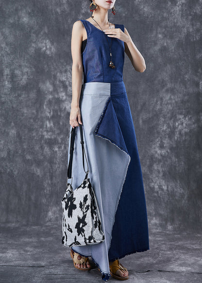 Blue Asymmetrical Patchwork Backless Denim Dress Summer